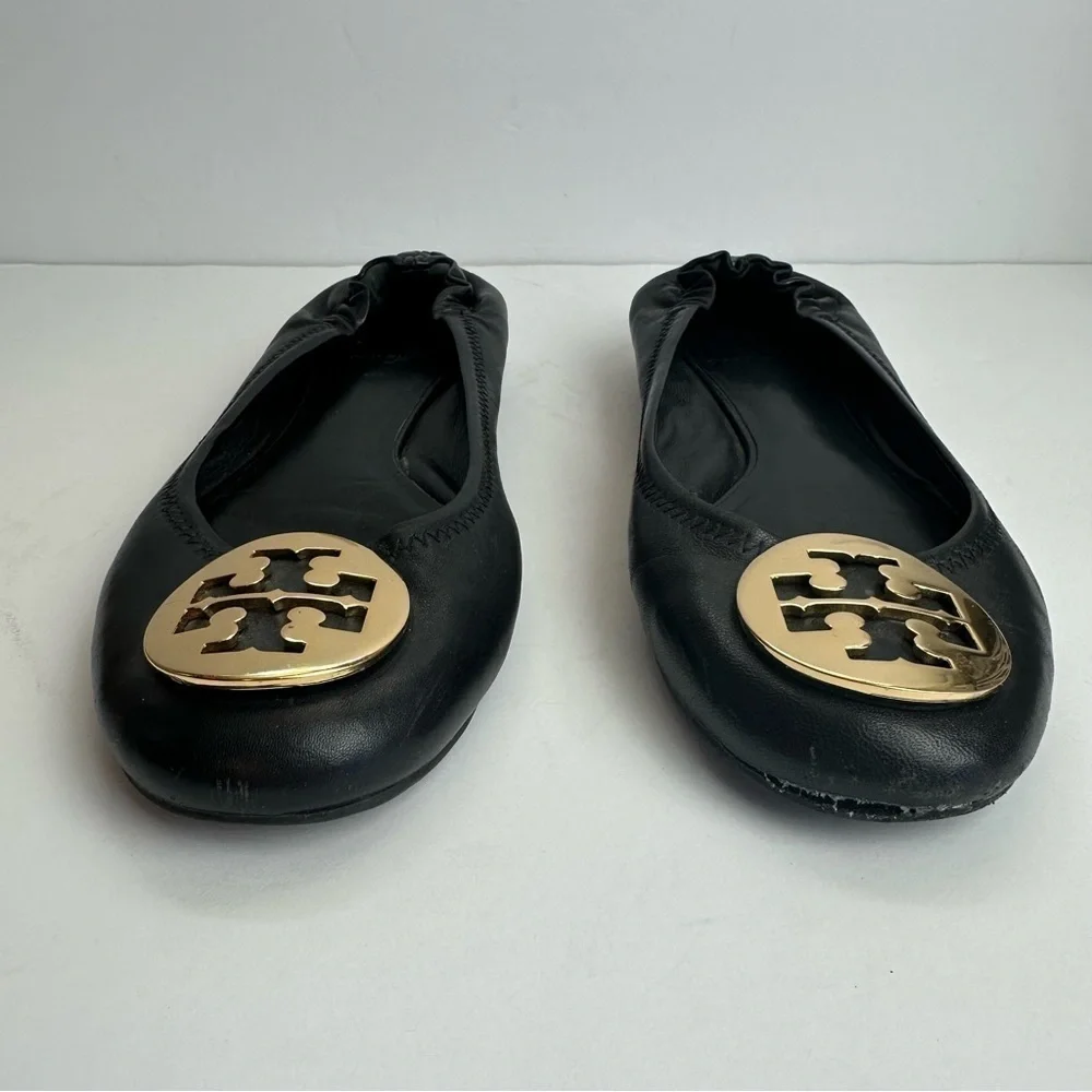 Tory Burch Ballet Flats Black Women's Size 7 Shoes Black Gold Medallion Leather